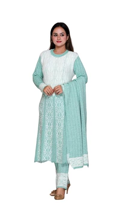 The Zigar Studio Frock style Kurta Pant and Dupatta Set with Pockets – Free Size Fit upto XXL – Stretchable – Woolen Kurta Set for Women Winters