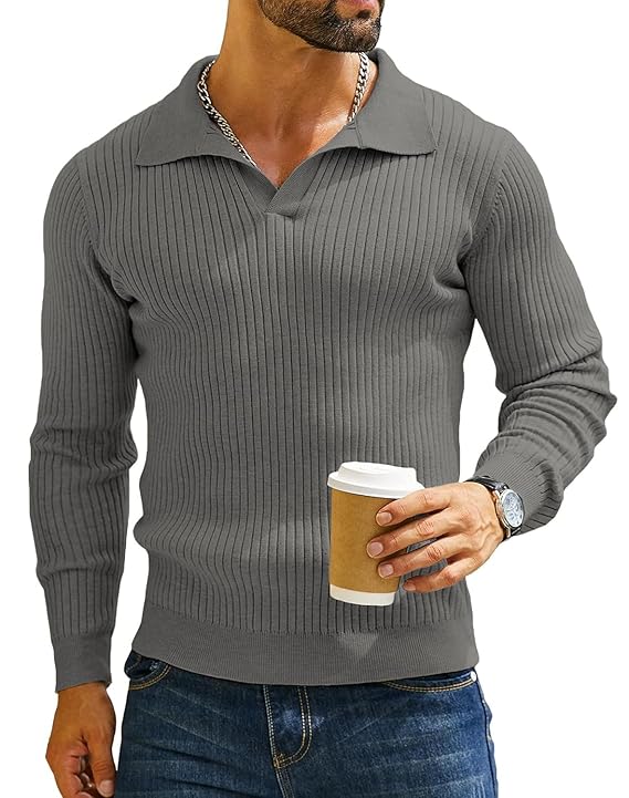 DENIMHOLIC Men’s Cotton Full Sleeve Collar Polo Sweater for Men, Rib Knitted Sweaters for Men Winter Sweater for Man